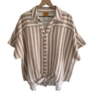 Ruby Rd. Gauzy Button Up Shirt Large Short Sleeve Collared 100% Cotton Coastal